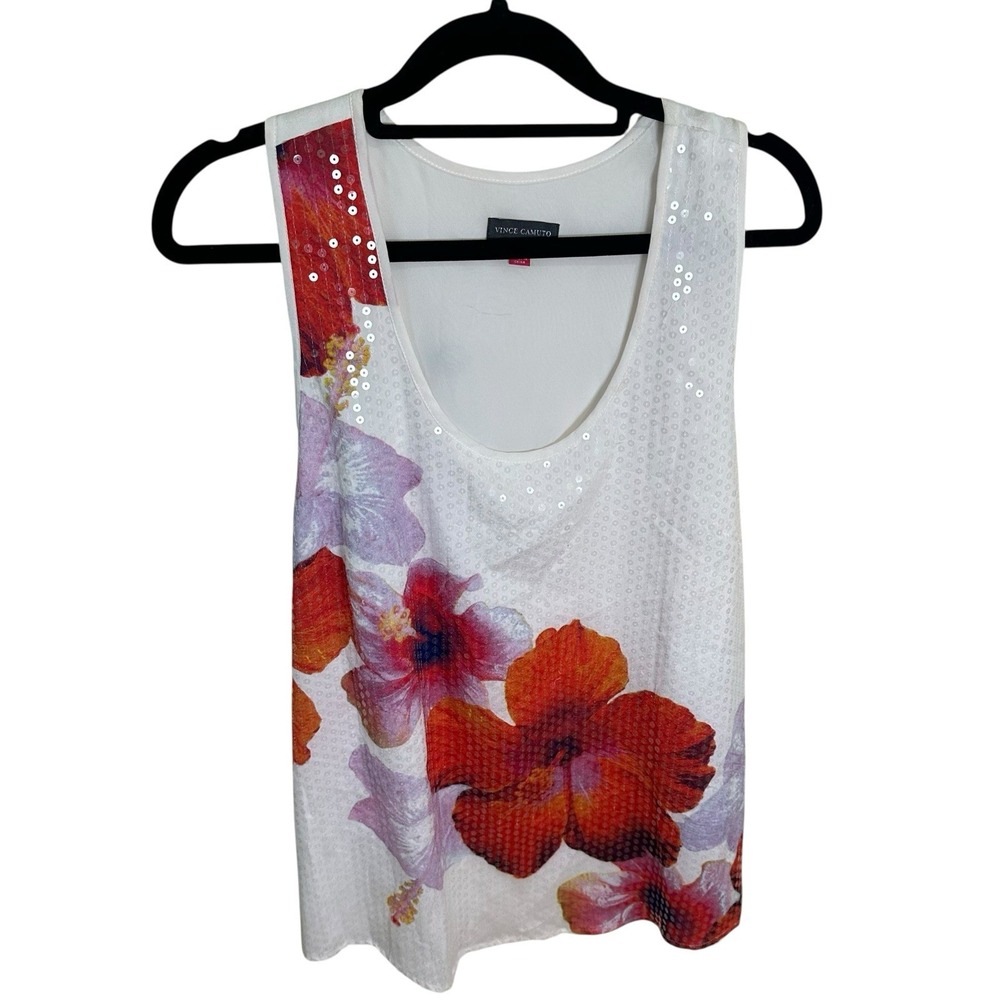 Vince Camuto Red Floral Sequin White Tank Blouse Womens S Red V Neck Career Work